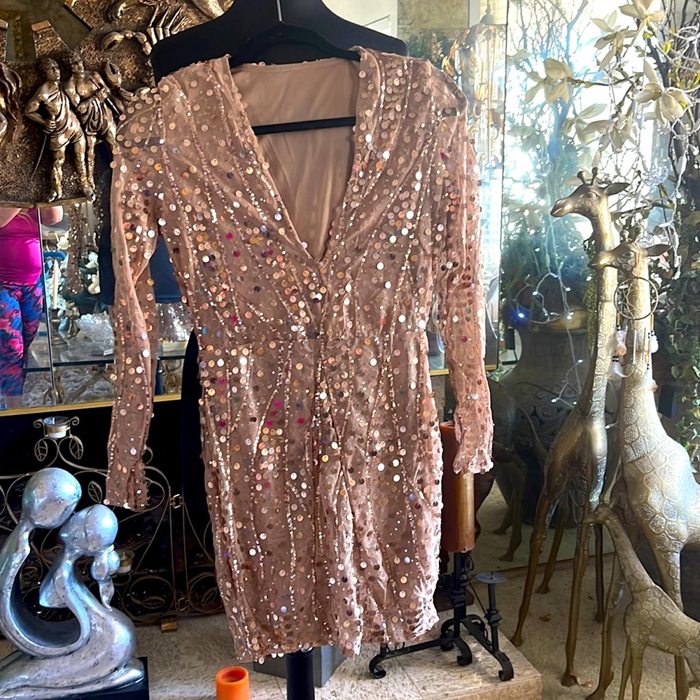 Gorgeous low v neck nude copper colored sequin dress size medium